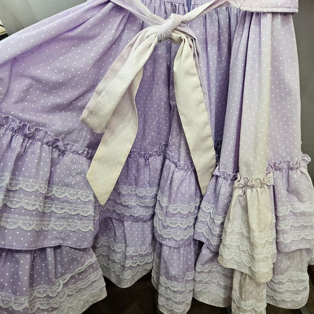 Vintage 1980s Joni Bee Dress 8 Ruffled Lace Trim Belt Polka Dot Western Dance US - Picture 5 of 10